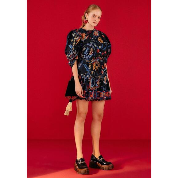 Very Rare Farm Rio Tapestry Floral Mini Dress Short Sleeve Black Blue Red XS New - Picture 1 of 11